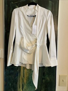 NWT The Shirt Company Josephine wrap front slide belted panel peplum LS blouse